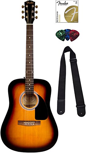 Fender FA-115 Dreadnought Acoustic Guitar Strap and Picks Strings Sunburst Bundle with Gig Bag Tuner 